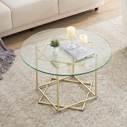 MKJLWO Round Glass Coffee Table Gold Tables for Living Room
